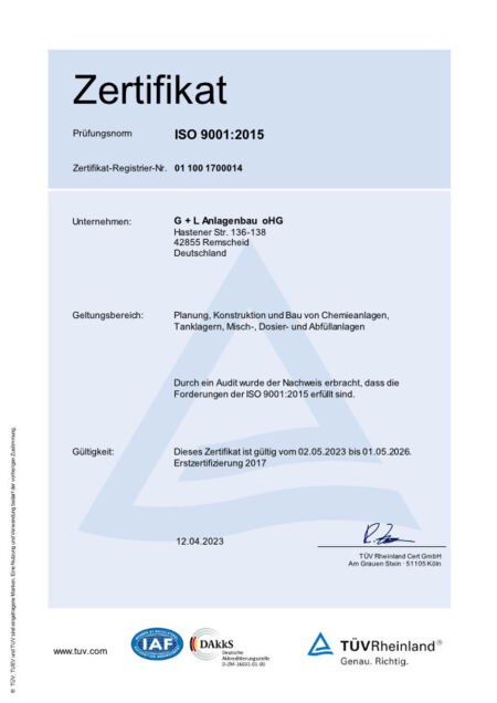 Zertifikat für G+L zu ISO 9001:2015
